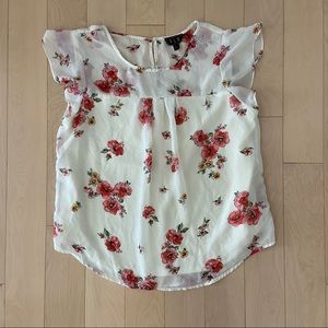 White and Pink Floral Ruffle Sleeve Shirt